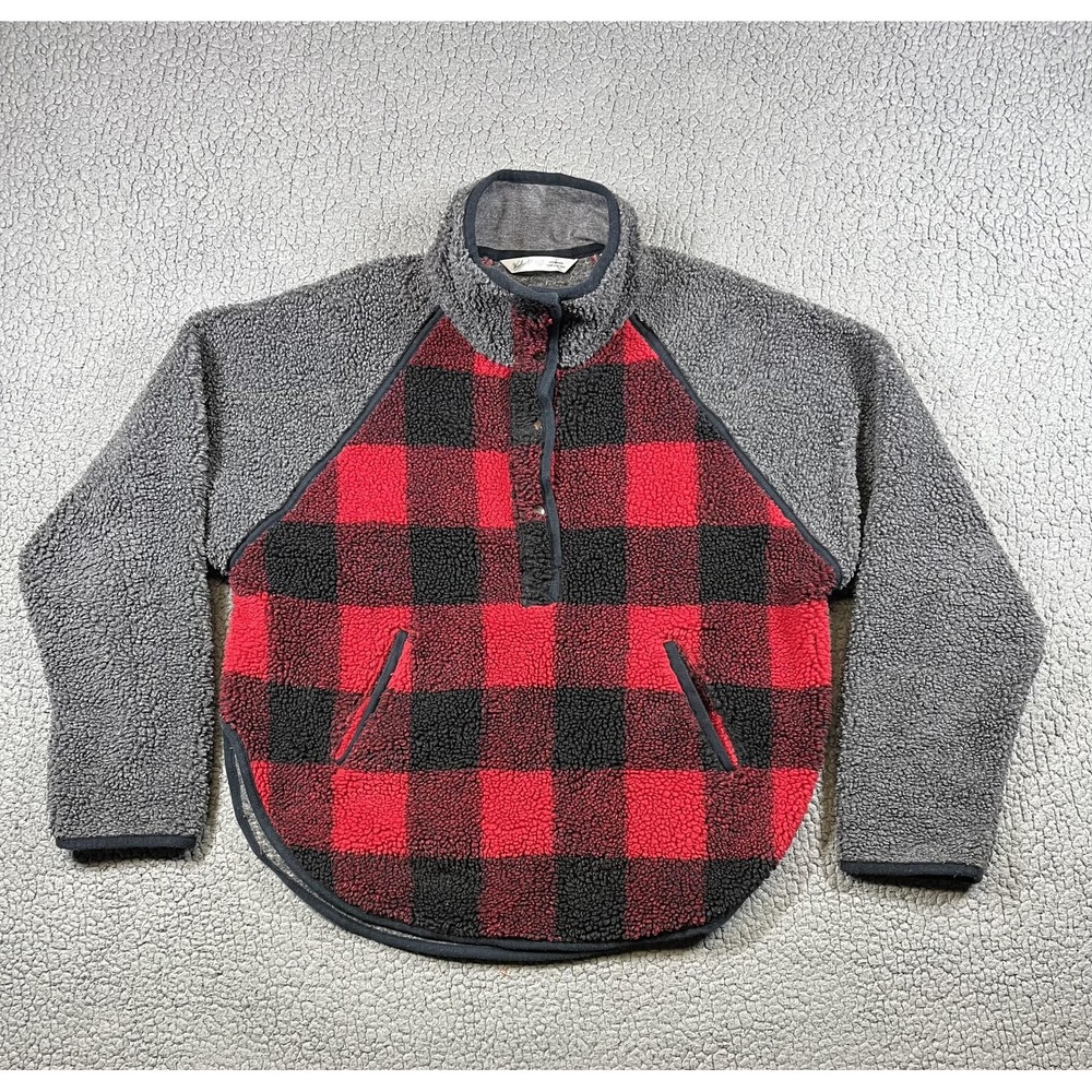 Woolrich Womens Sherpa Fleece Pullover Buffalo Plaid Snap Mock Neck Red XS S